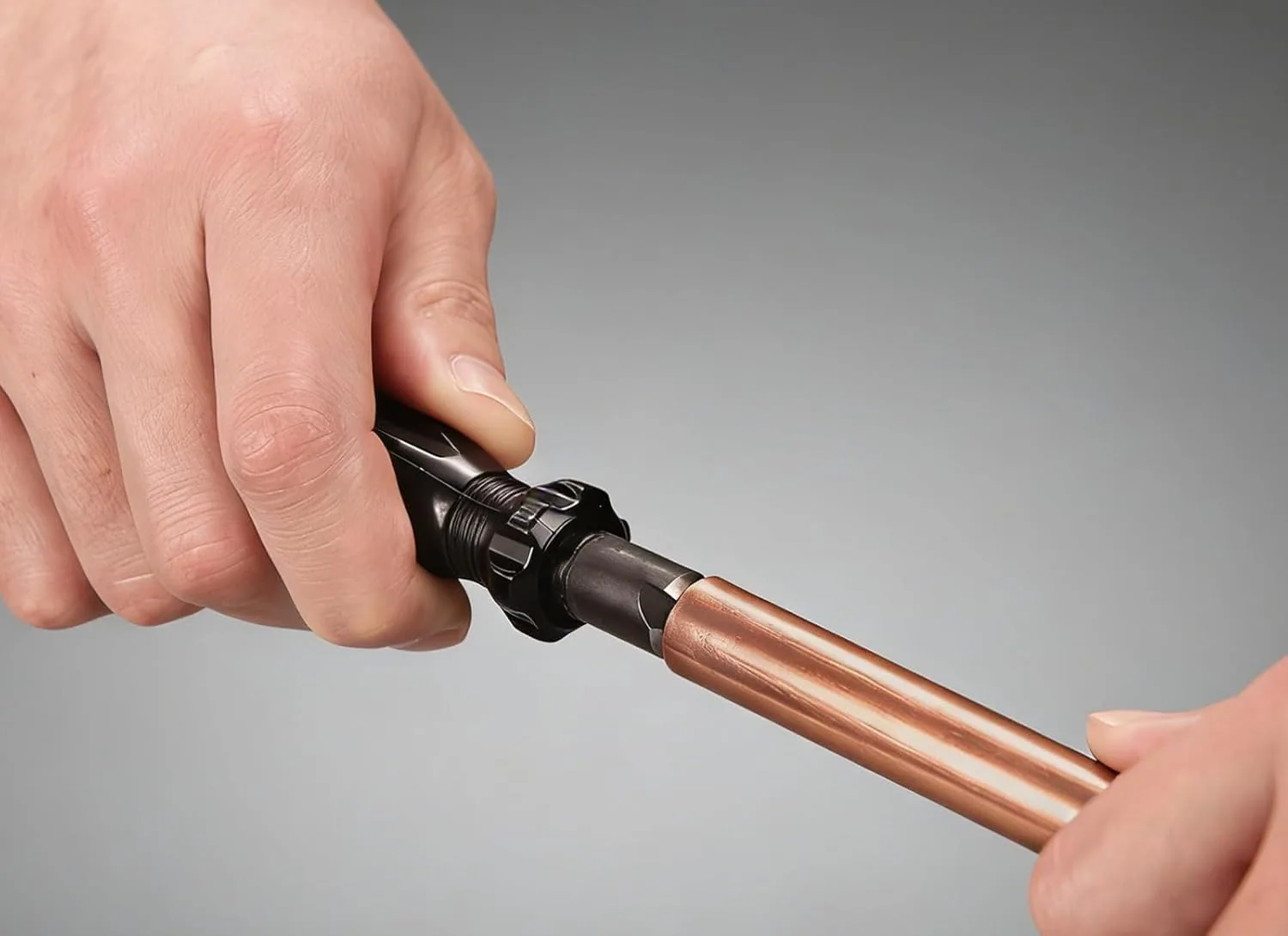 A hand turning a DOMINOX deburring tool in the end of a copper tube