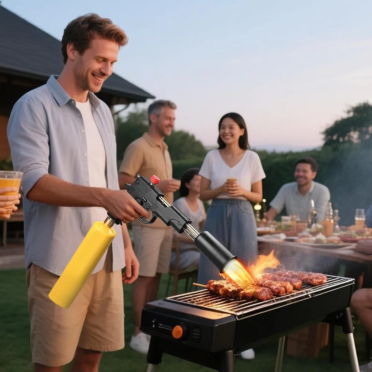 A man lighting a charcoal grill with a DOMINOX grill torch while friends wait at a table